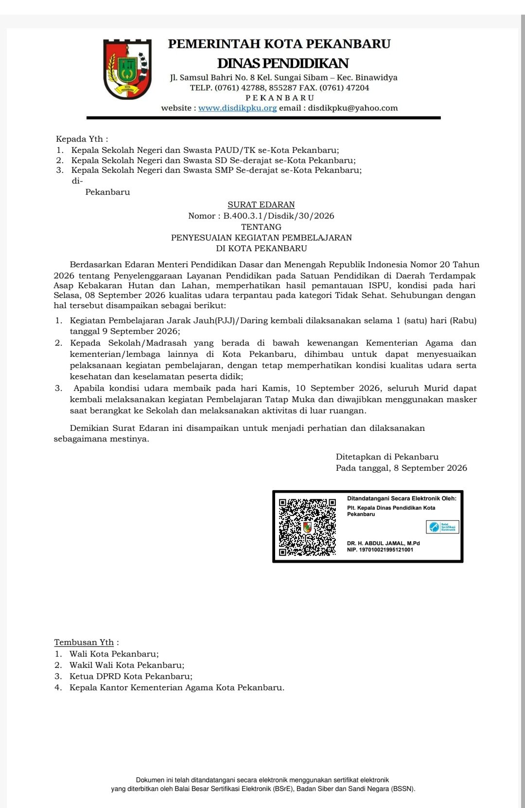 Lindungi Kesehatan Peserta Didik, Pemko Pekanbaru Perpanjang Sekolah Daring