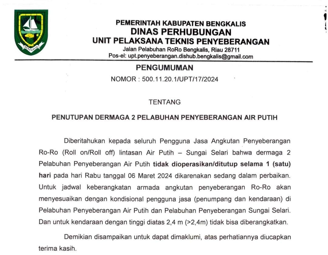 Dermaga 2 Akan Ditutup Selama 1 Hari, Dishub Bengkalis Meminta Maaf Kepada Masyarakat